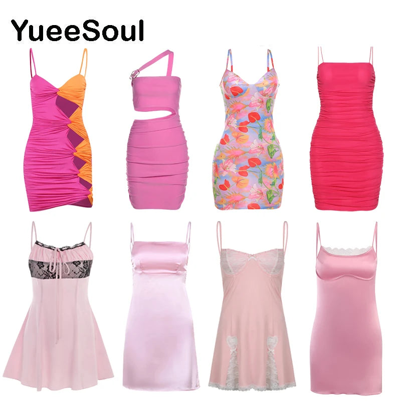 Pink Women Dress Sleeveless Slim Sexy Elegant Mini Dresses 2023 New In Summer Y2K Sweet Party Prom Chic Prom Evening Dresses